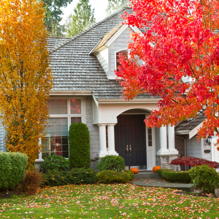 Professionally manicured lawn and garden in the fall.