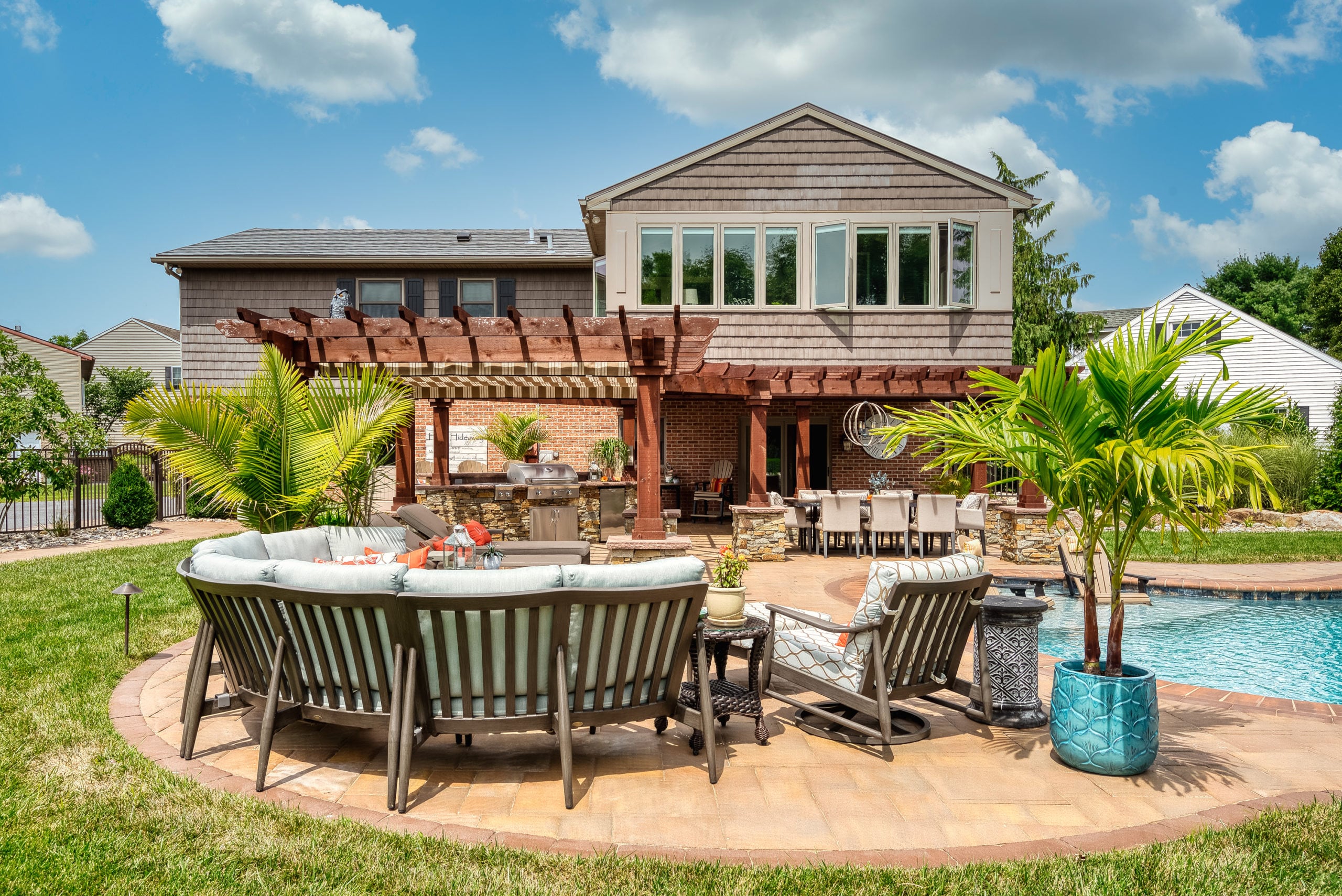 Stone patio with sitting walls.
