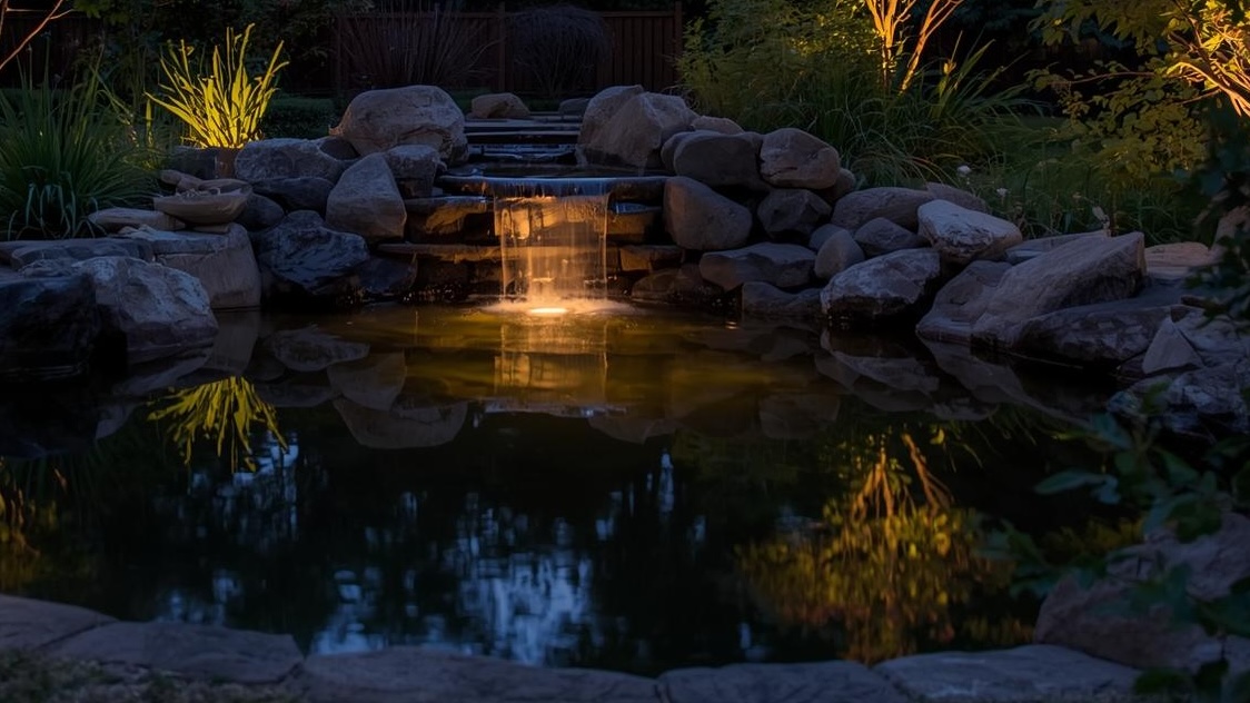 Accent lighting on backyard pond