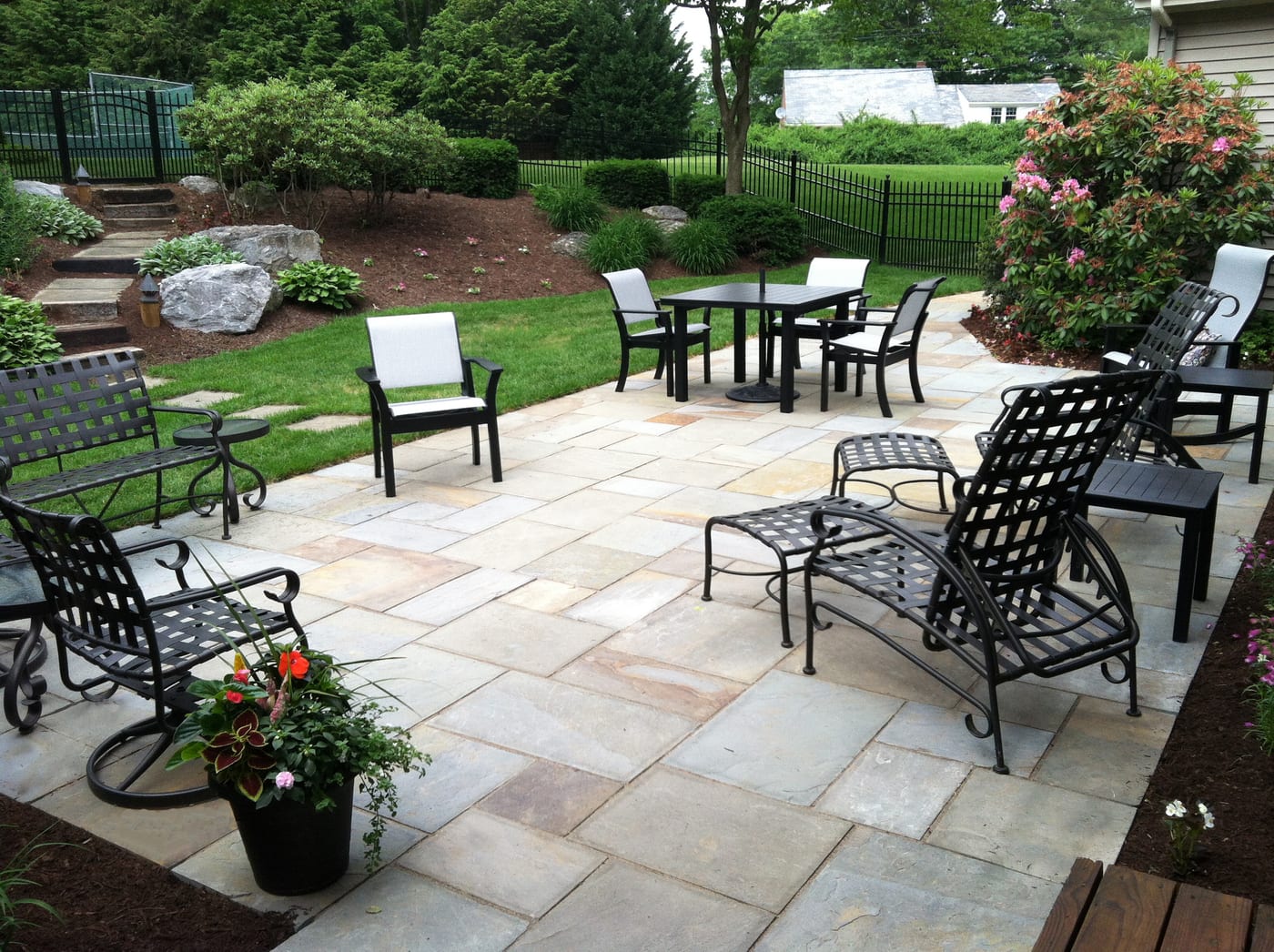 Flagstone patio and hardscape installation on a Lancaster County property