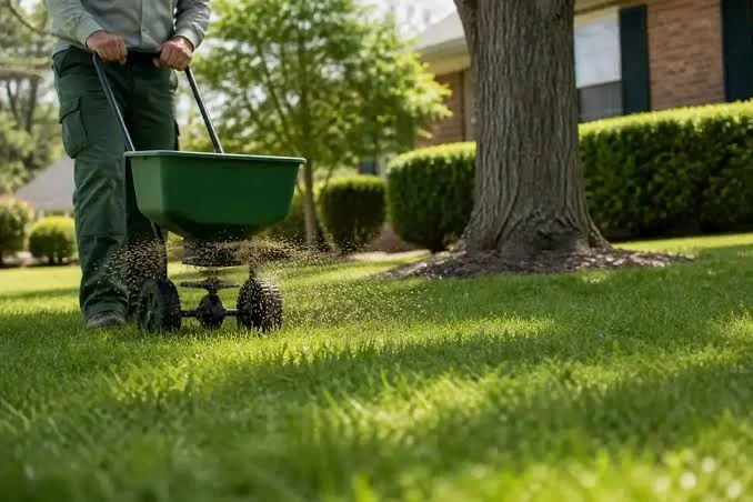 Licensed technician applying preventative grub control on a Pennsylvania lawn